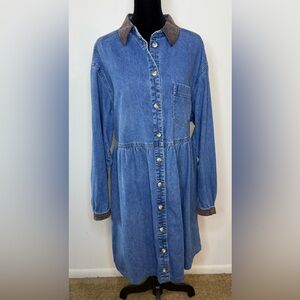 Vintage Original TY wear long sleeve denim dress faux suede collar pockets XL EC